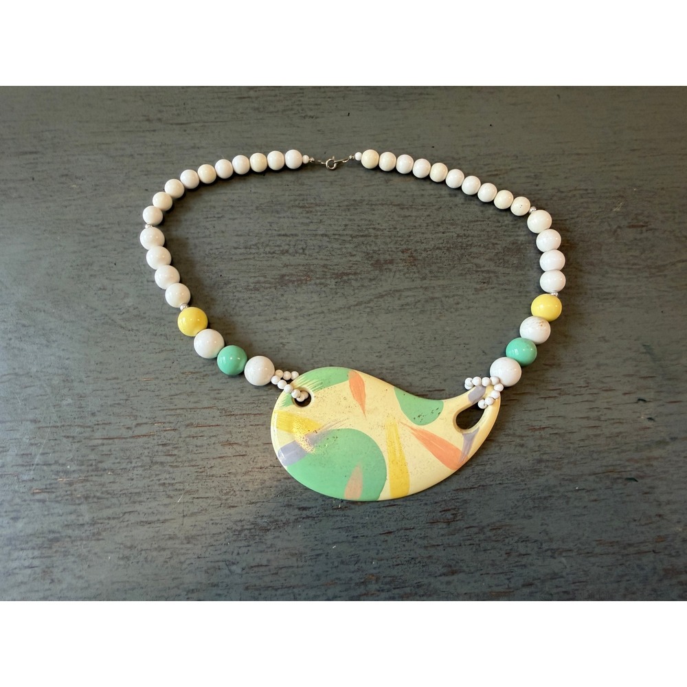 Vintage Abstract Ceramic Pendant Beaded Necklace Pastel Multi Color Art Deco
